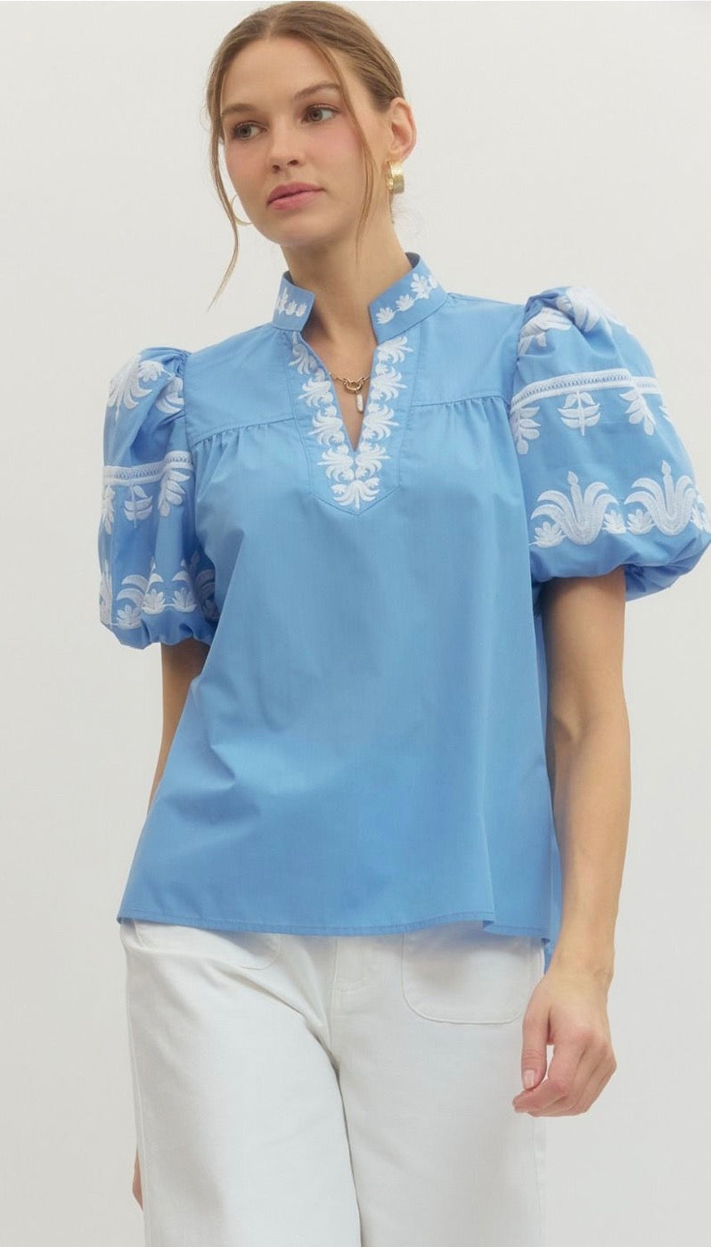 Puff Sleeve Embroidered Top