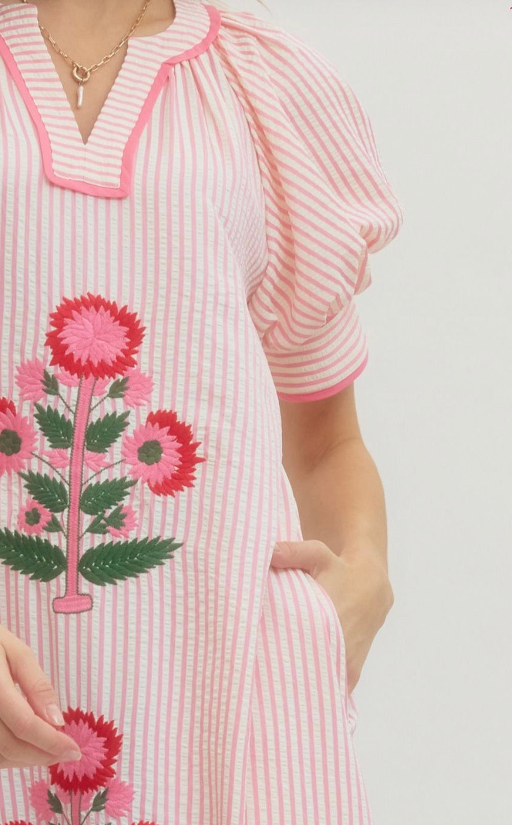 Striped Short Sleeve Floral Embroidered Midi Dress