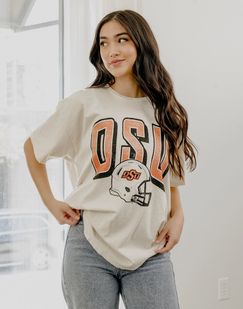 OSU Cowboys Helmet Fade Off White Thrifted Tee