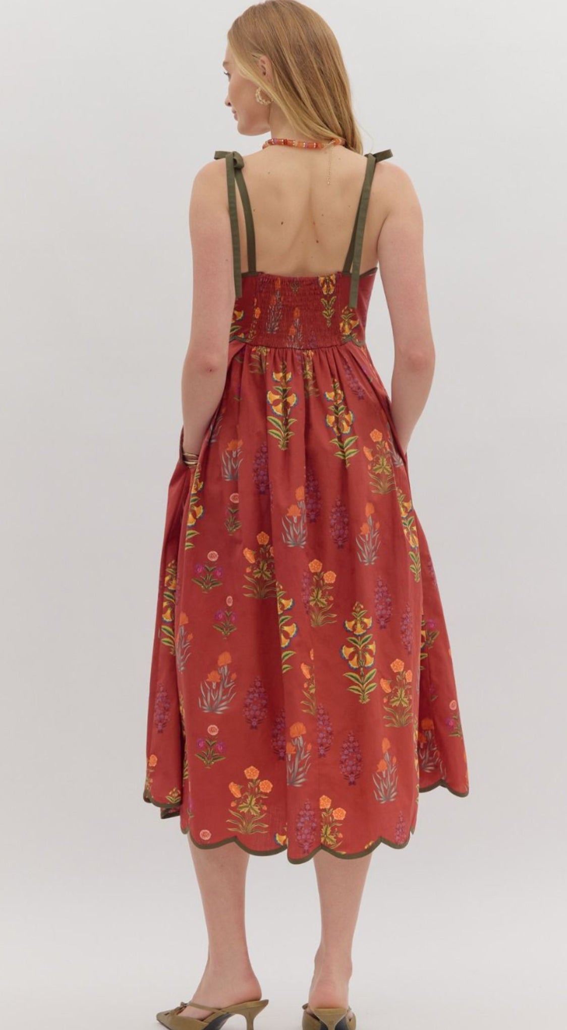 Wine Floral Print Tie Strap Midi Dress