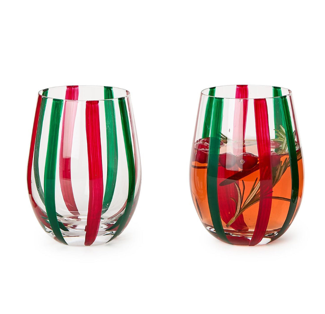 Holiday Cheer Set of 4 Red and Green Stripe Stemless Wine Glass