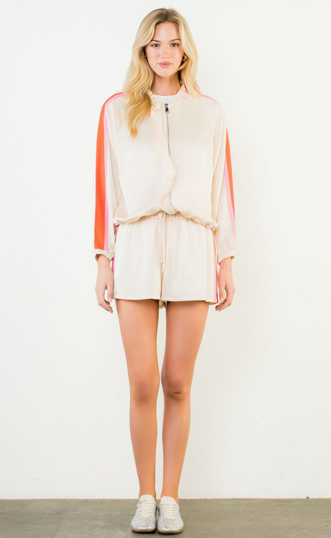 Satin Stripe Zip Up Track Set | Cream