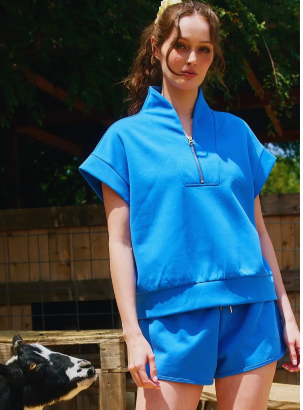 Short Sleeve Half Zip Scuba Sweatshirt / Royal Blue