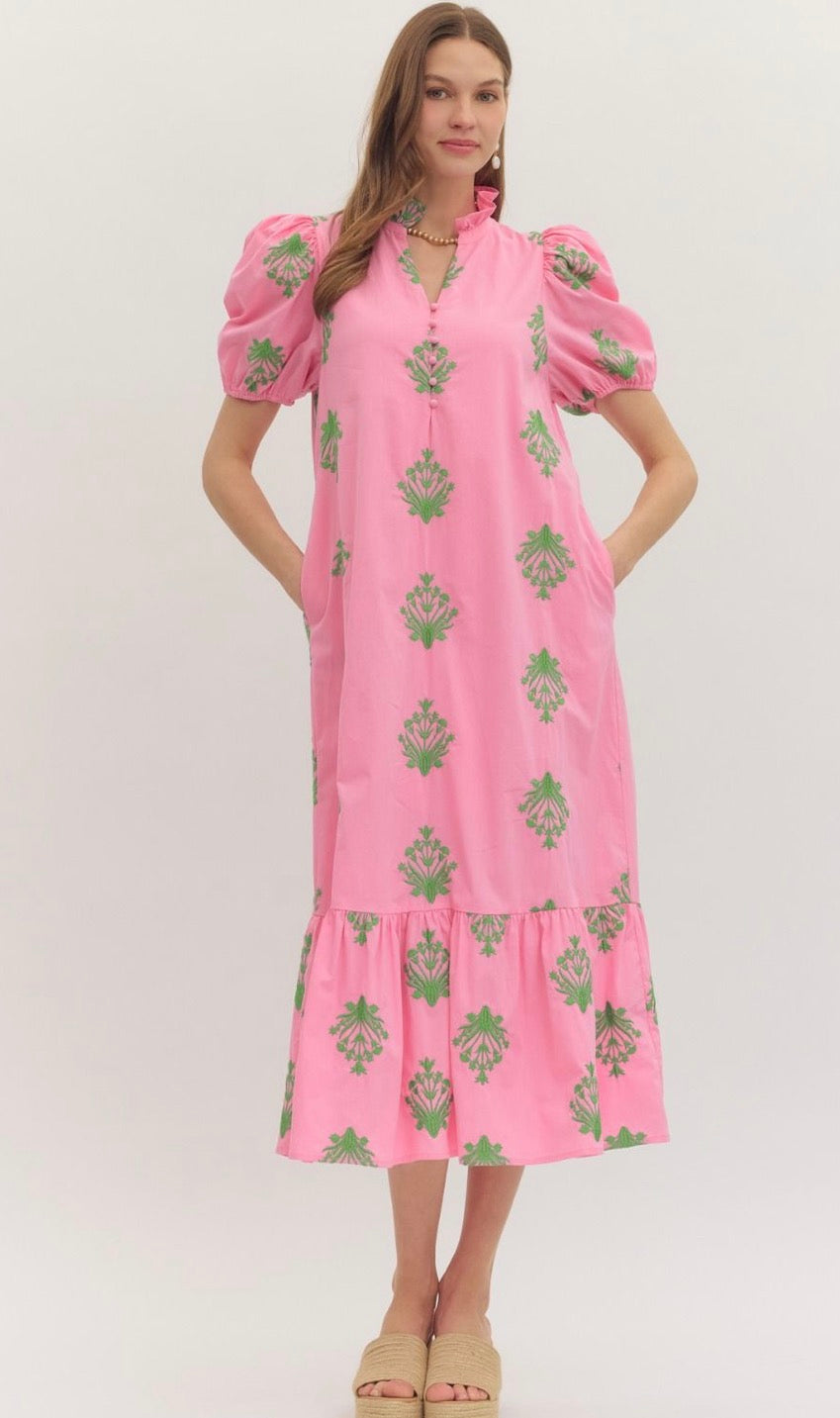 Pink Block Print Embroidered Maxi Dress