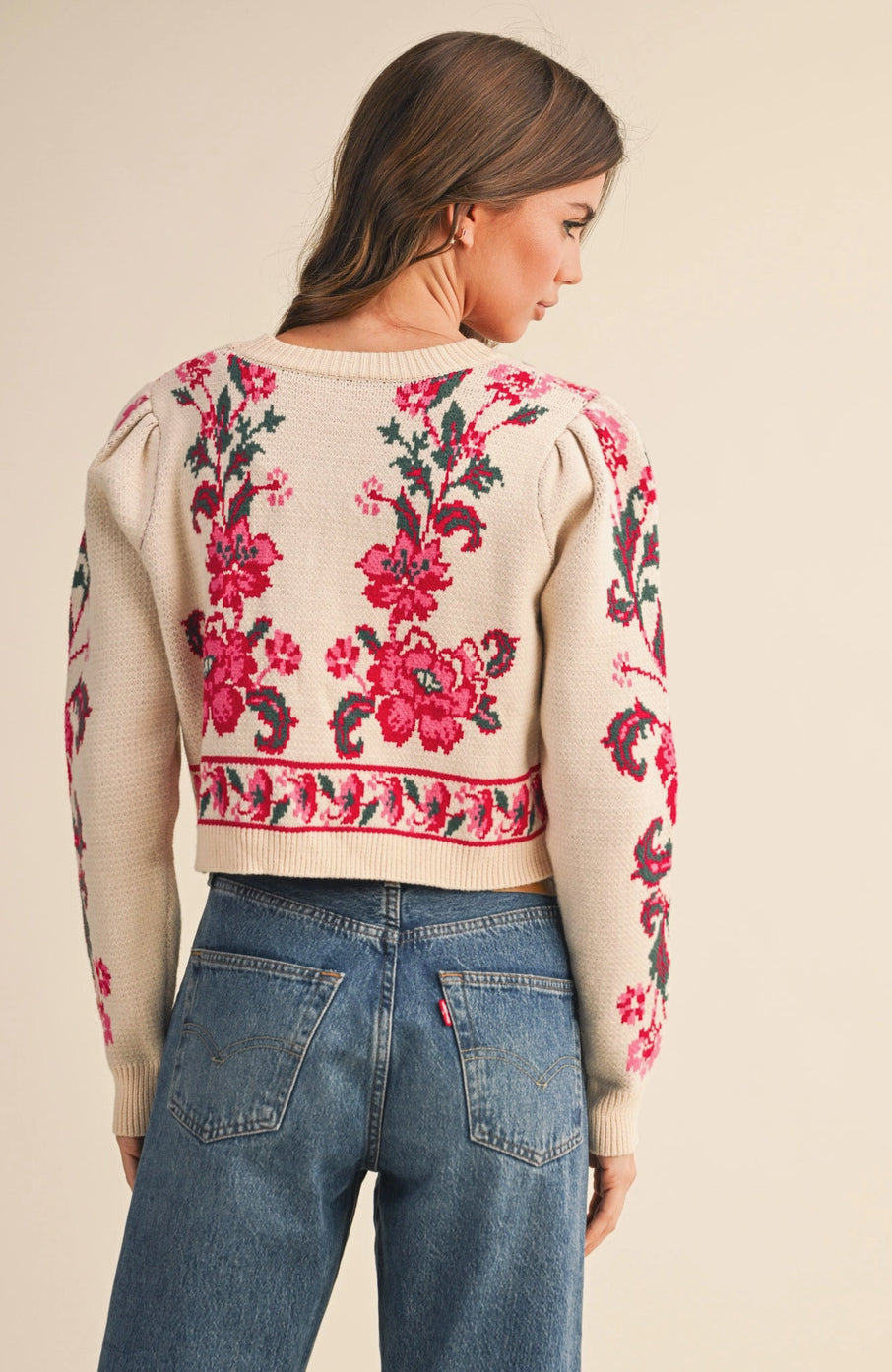 Ivory Red Floral Tie Front Sweater