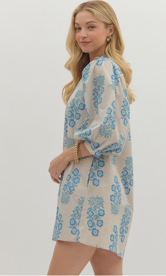 Blue Block Print Puff Sleeve Shift Dress : ENTRO
