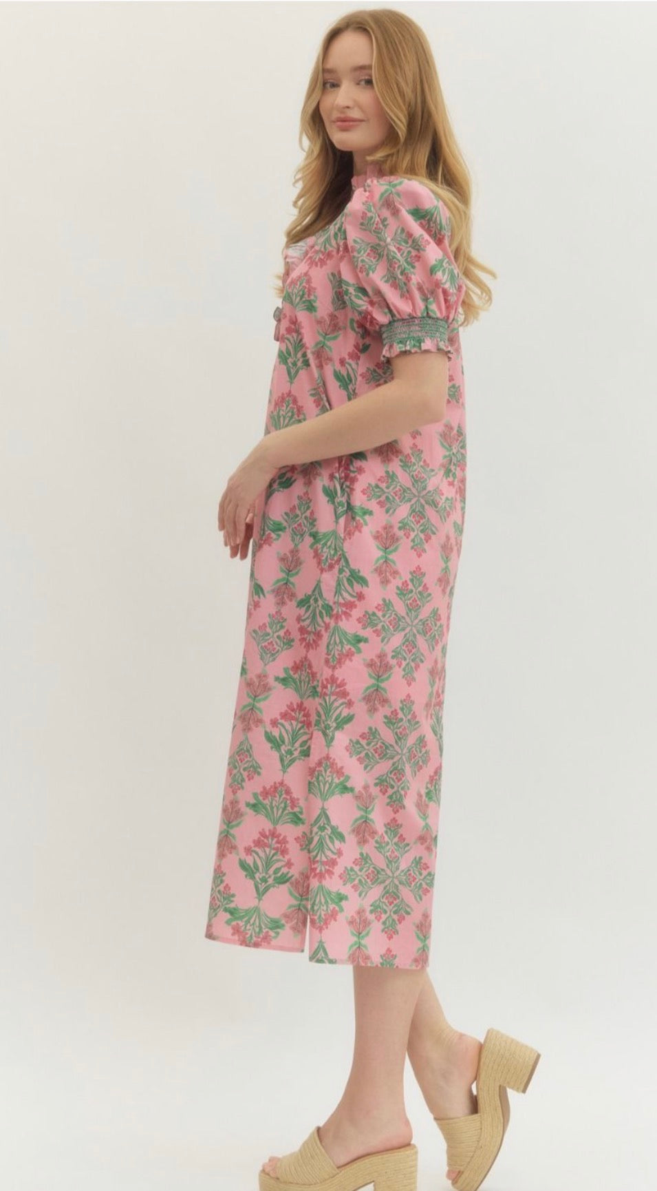 Pink Botanical Puff Sleeve Midi Dress