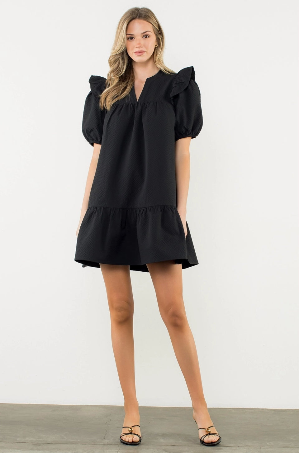 Black Textured Puff Sleeve Dress