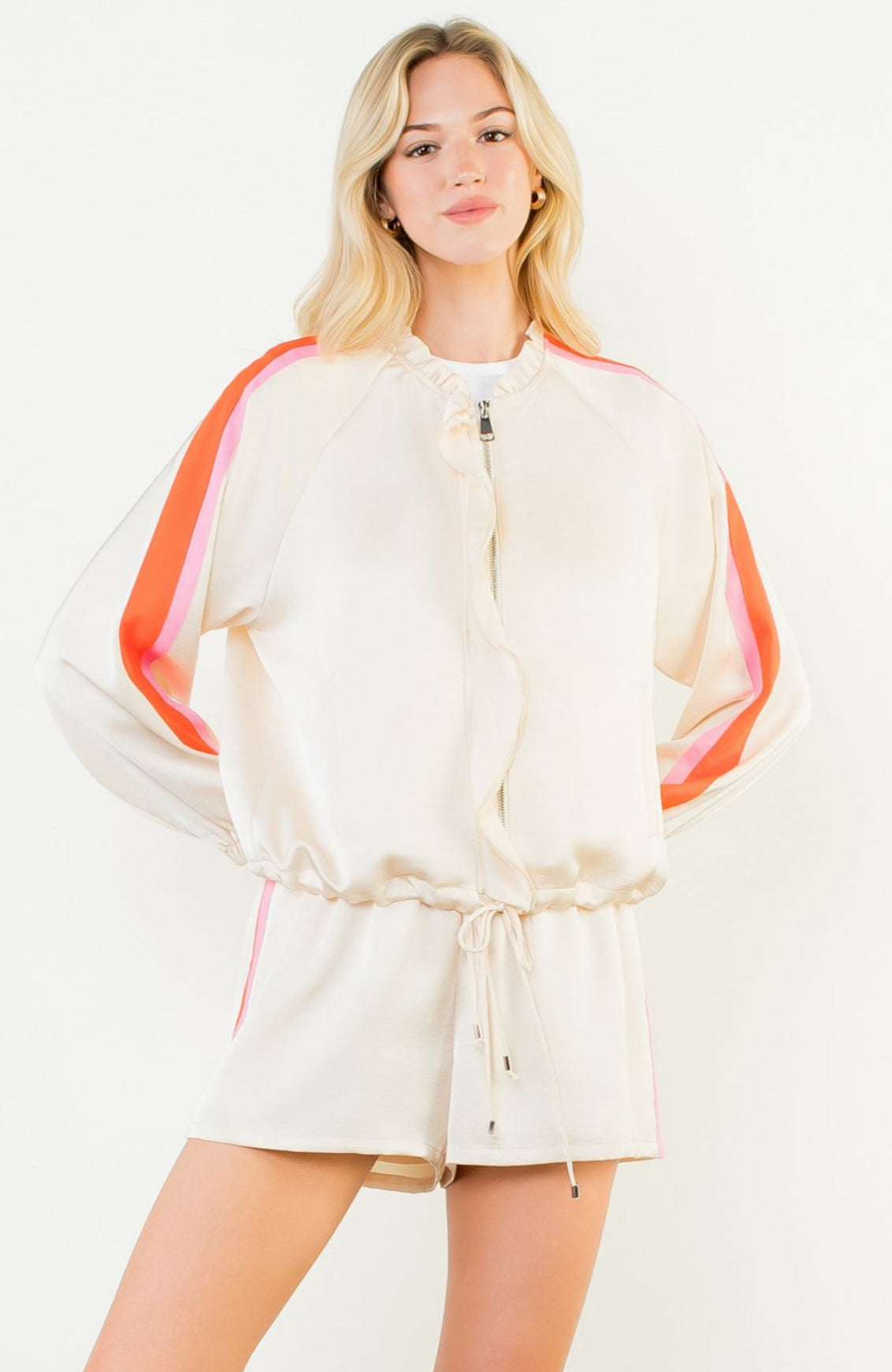 Satin Stripe Zip Up Track Set | Cream