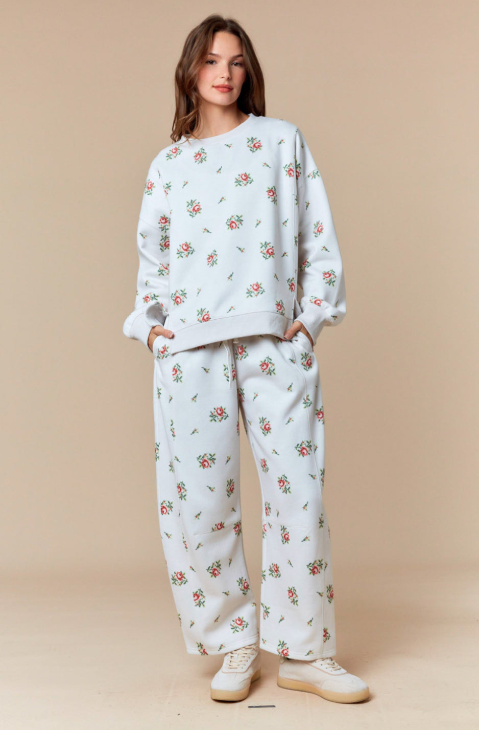 Floral Printed Fleece Terry Barrel Leg Sweatsuiit