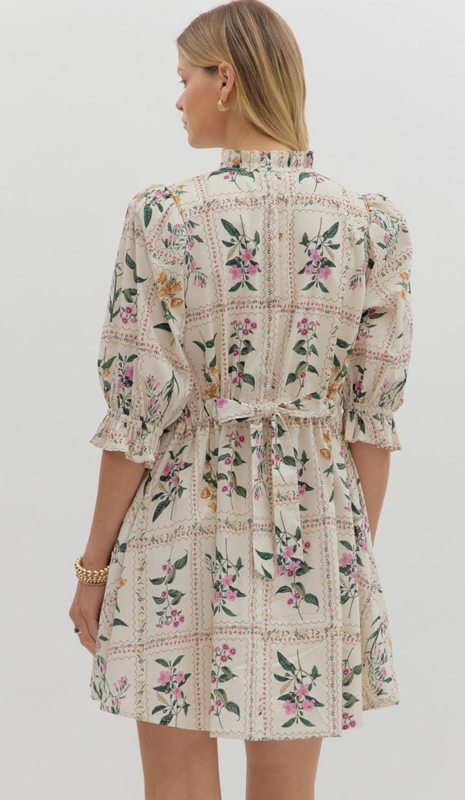 Floral Panel 3/4 Ruffle Puff Sleeve Dress : ENTRO