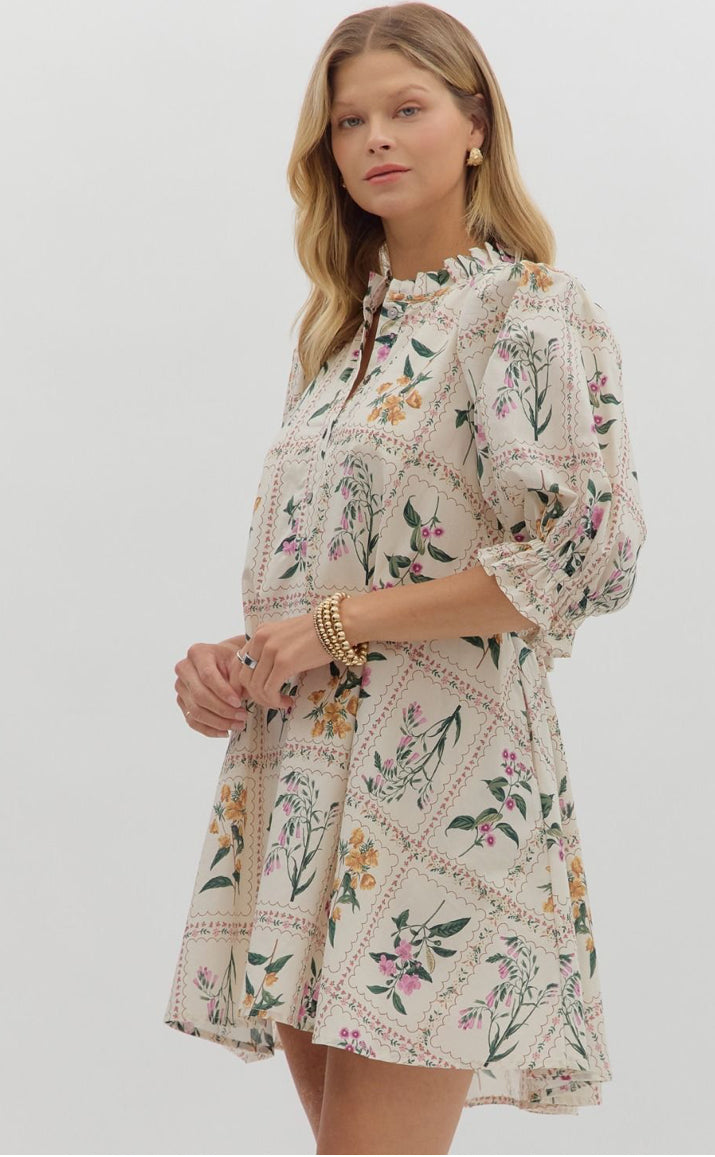 Floral Panel 3/4 Ruffle Puff Sleeve Dress : ENTRO