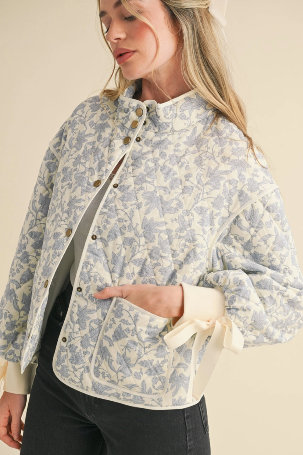 Ivory Blue Floral Quilted Jacket
