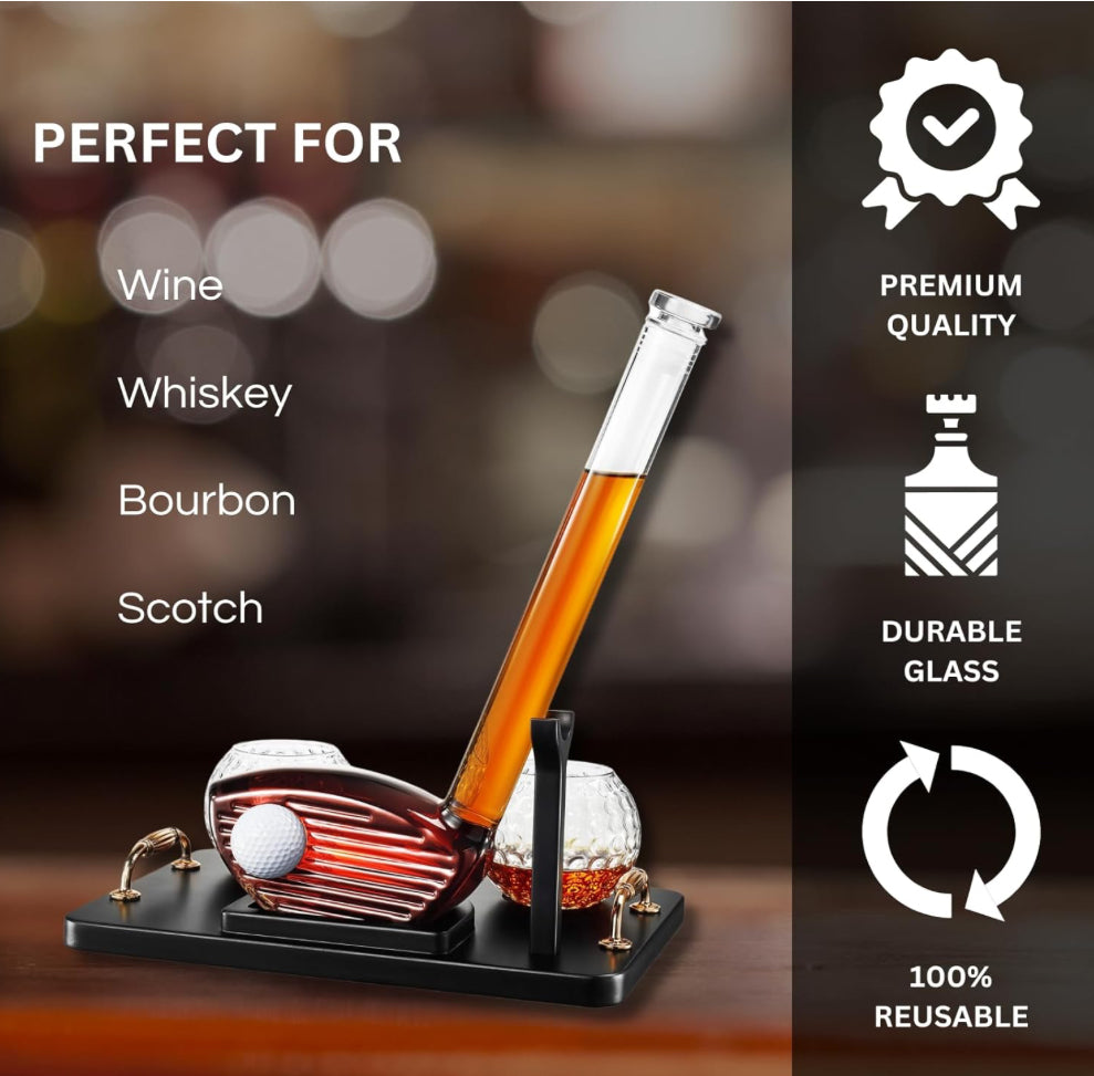 Upright Golf Club Whiskey Decanter + Set of 2 Whiskey Glasses