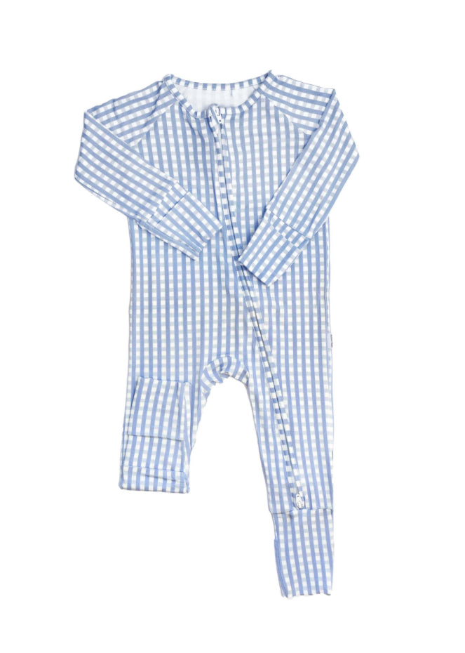 French Blue Gingham Sleep Romper: The Uptown Baby