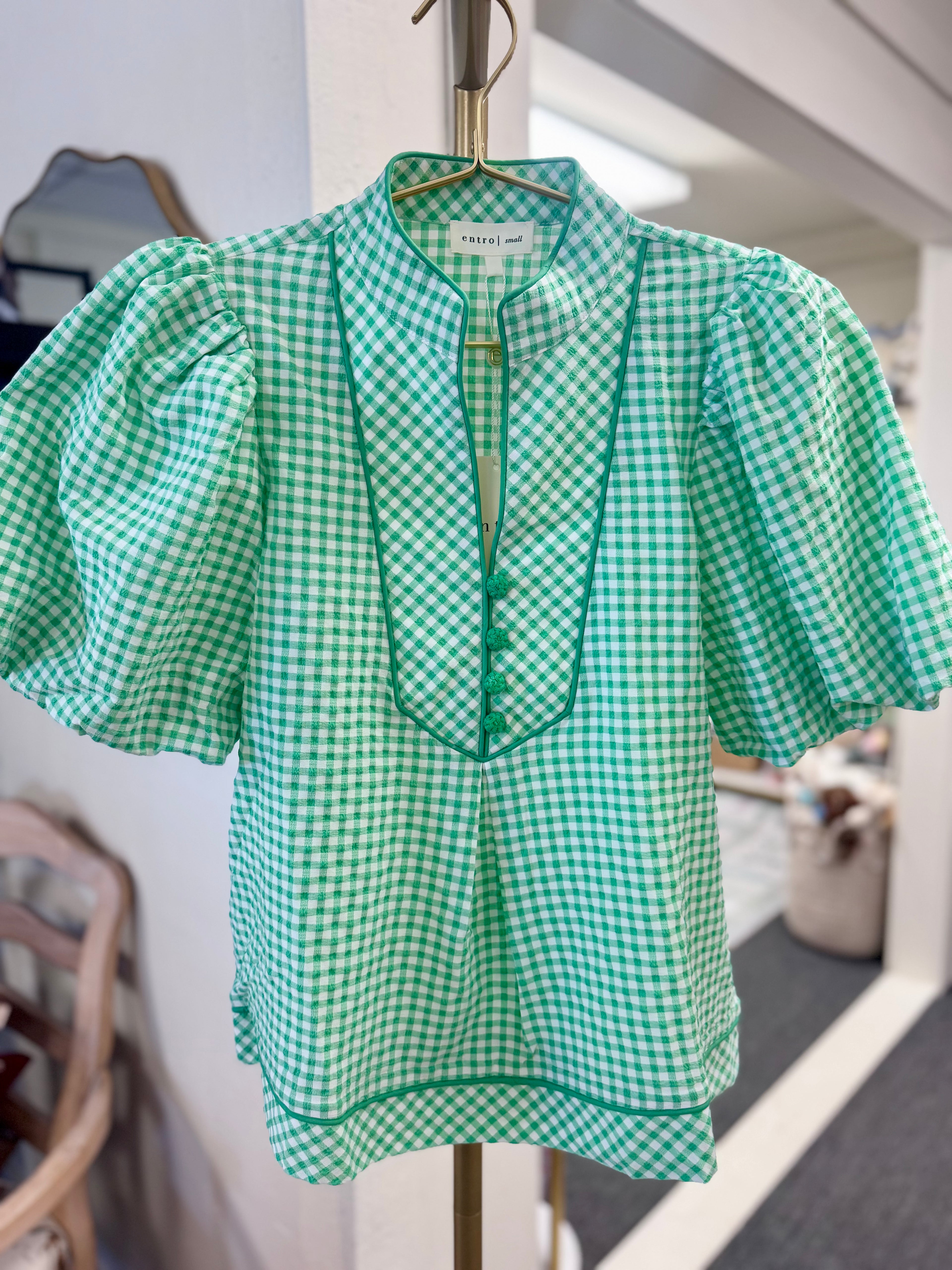 Green Gingham Puff Sleeve Embroidered Top