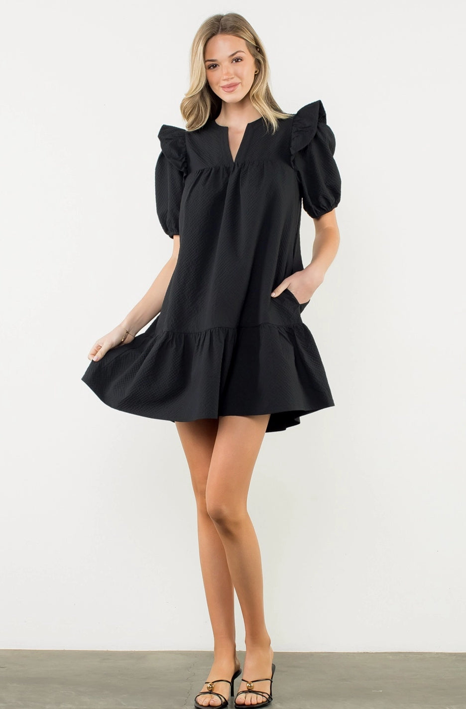 Black Textured Puff Sleeve Dress