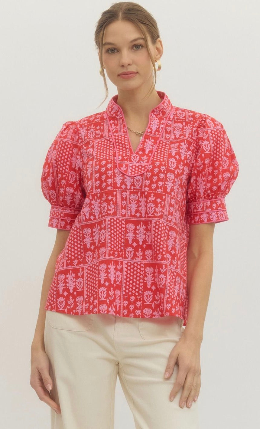 Red Embroidered Puff Sleeve Top