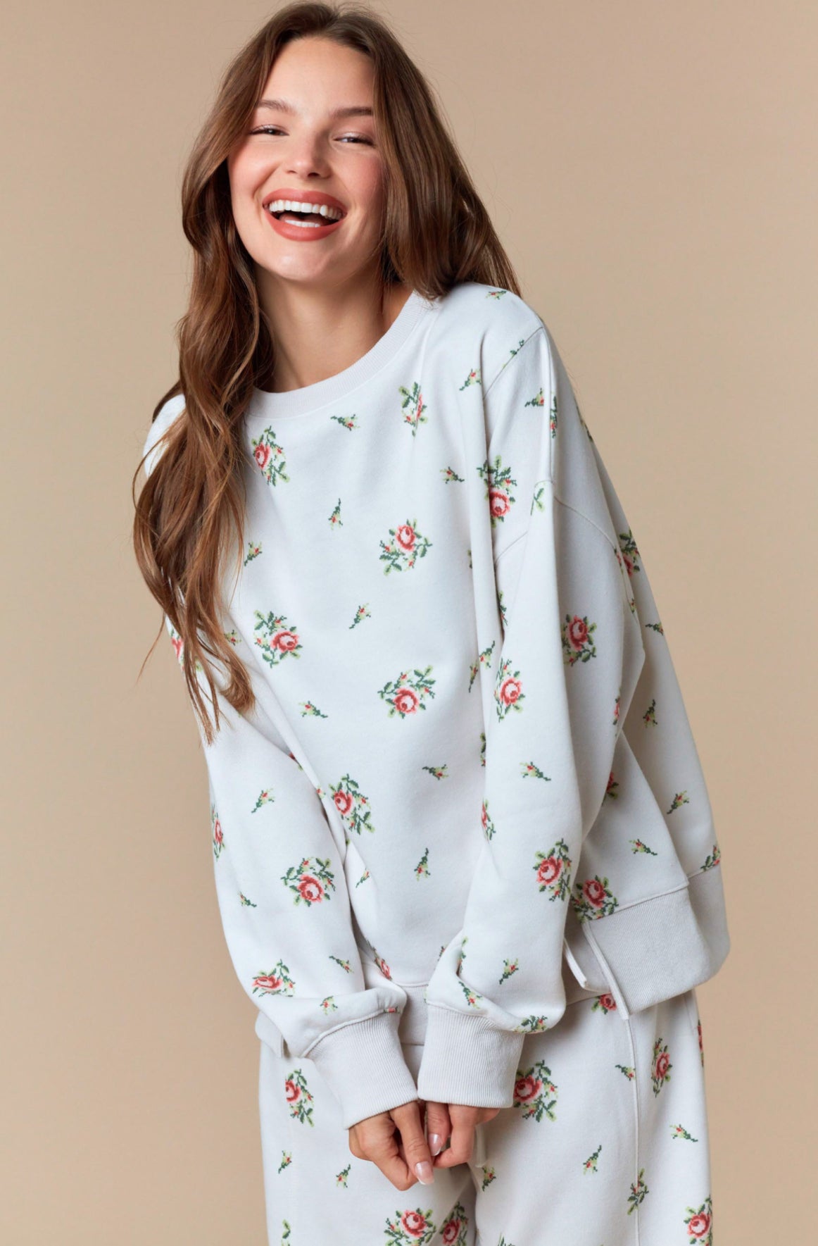 Floral Printed Fleece Terry Barrel Leg Sweatsuiit