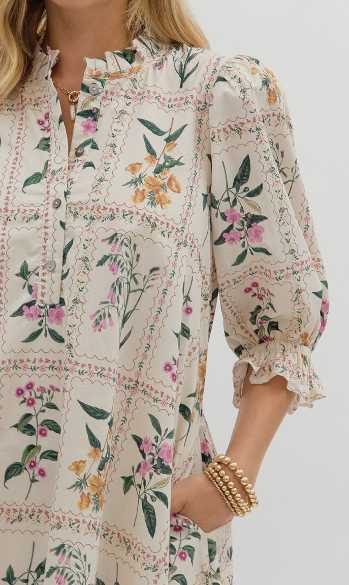 Floral Panel 3/4 Ruffle Puff Sleeve Dress : ENTRO