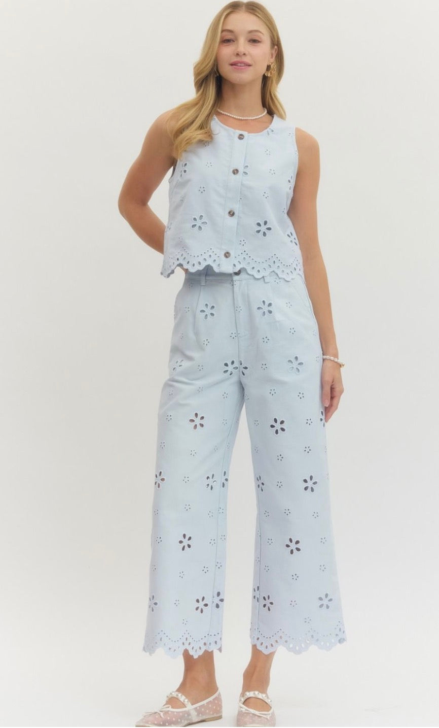 Light Blue Eyelet Cropped Set