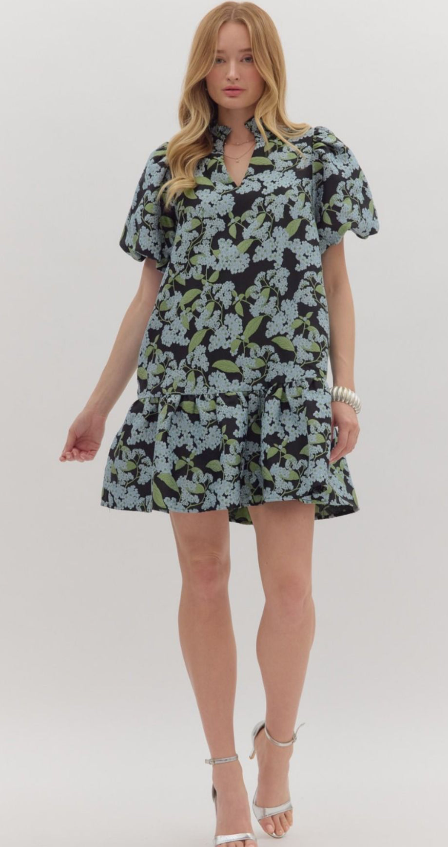Black Jacquard with Blue Hydrangea Puff Sleeve Dress