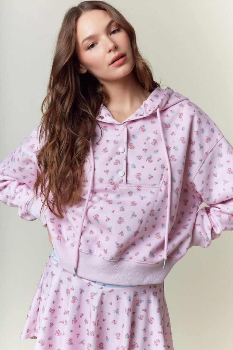 Floral Printed Fleece Snap Detail Hoodie