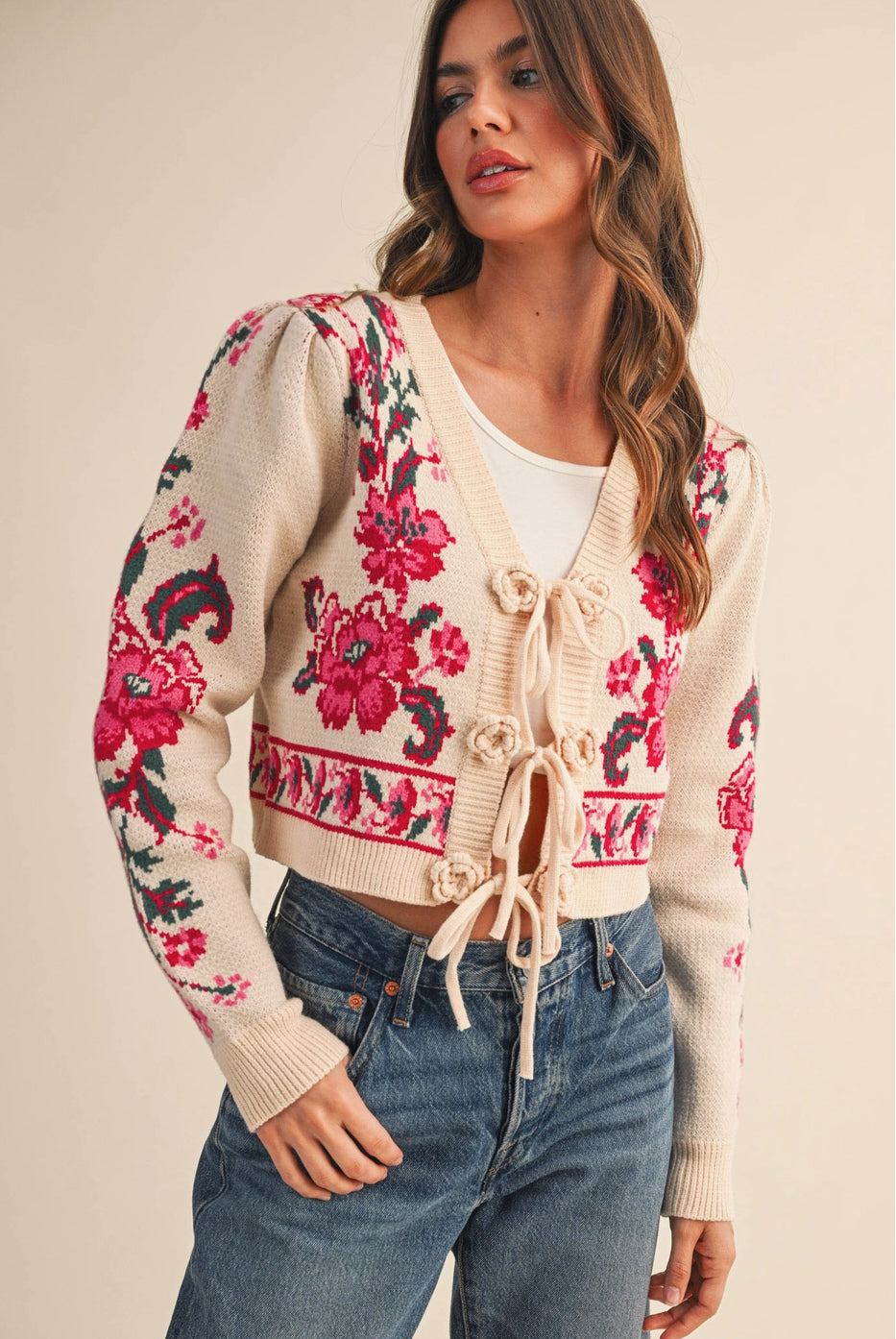 Ivory Red Floral Tie Front Sweater