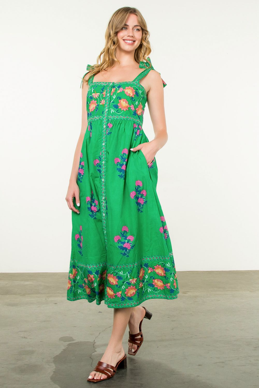 Green Tie Strap Flower Print Dress