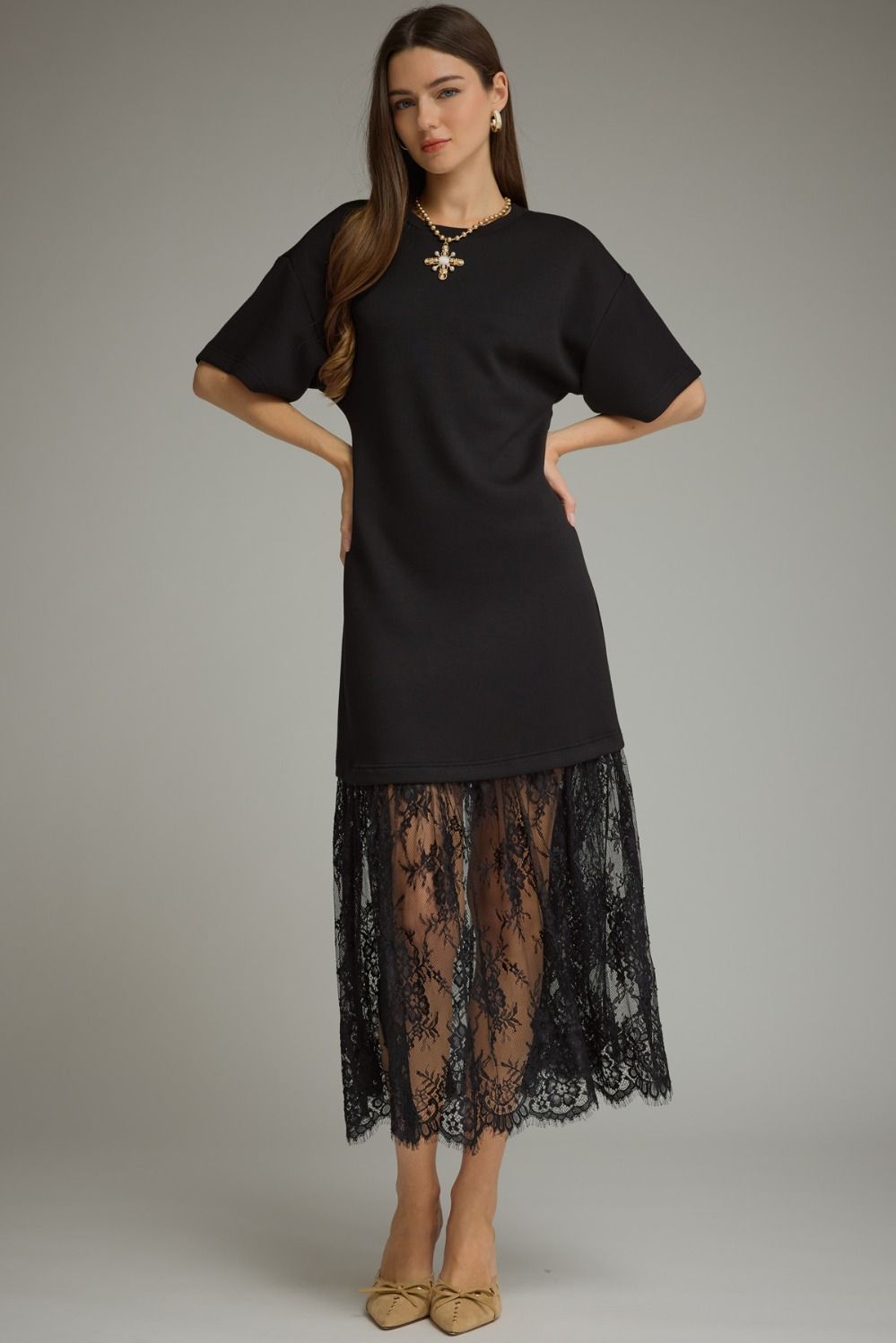 Black Knit Lace Bottom Maxi
