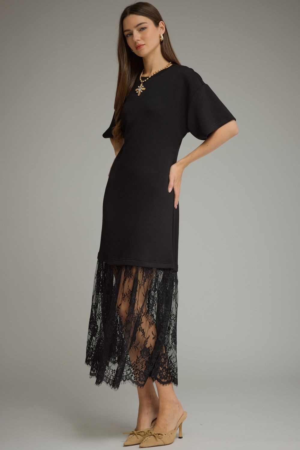 Black Knit Lace Bottom Maxi