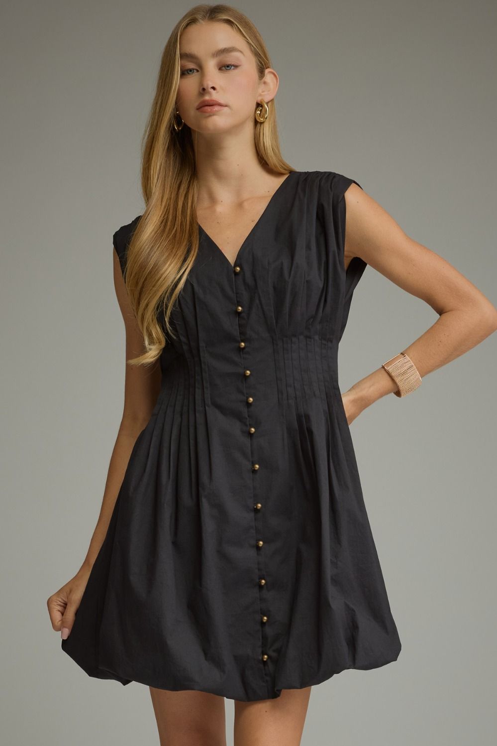 Black Cinch Waist Bubble Mini Dress