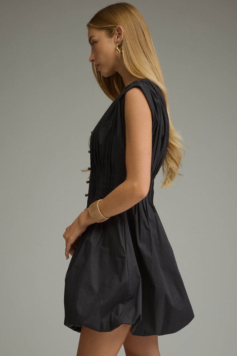 Black Cinch Waist Bubble Mini Dress