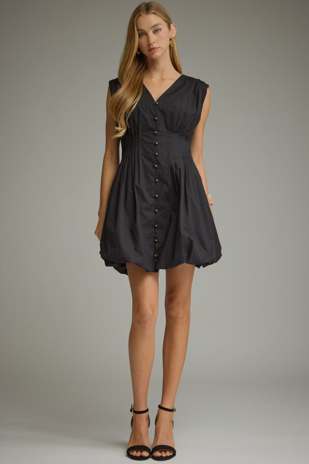 Black Cinch Waist Bubble Mini Dress