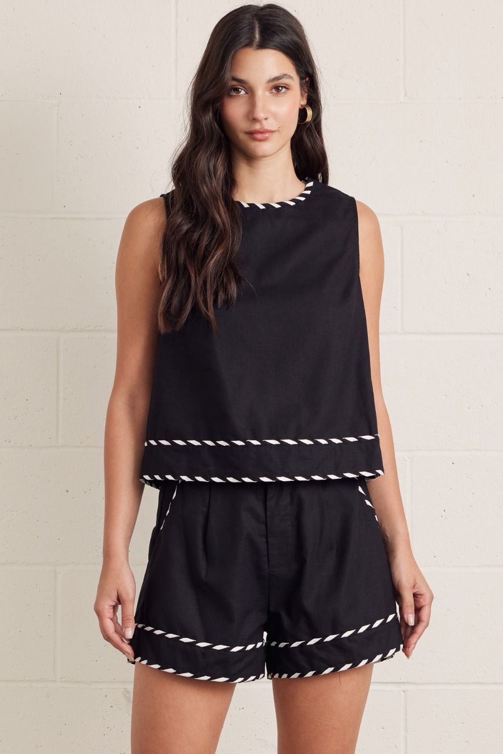 Black and White Striped Trim Short & Tank Set