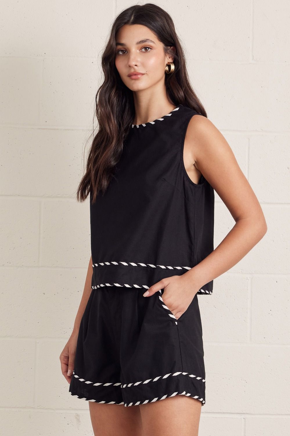 Black and White Striped Trim Short & Tank Set