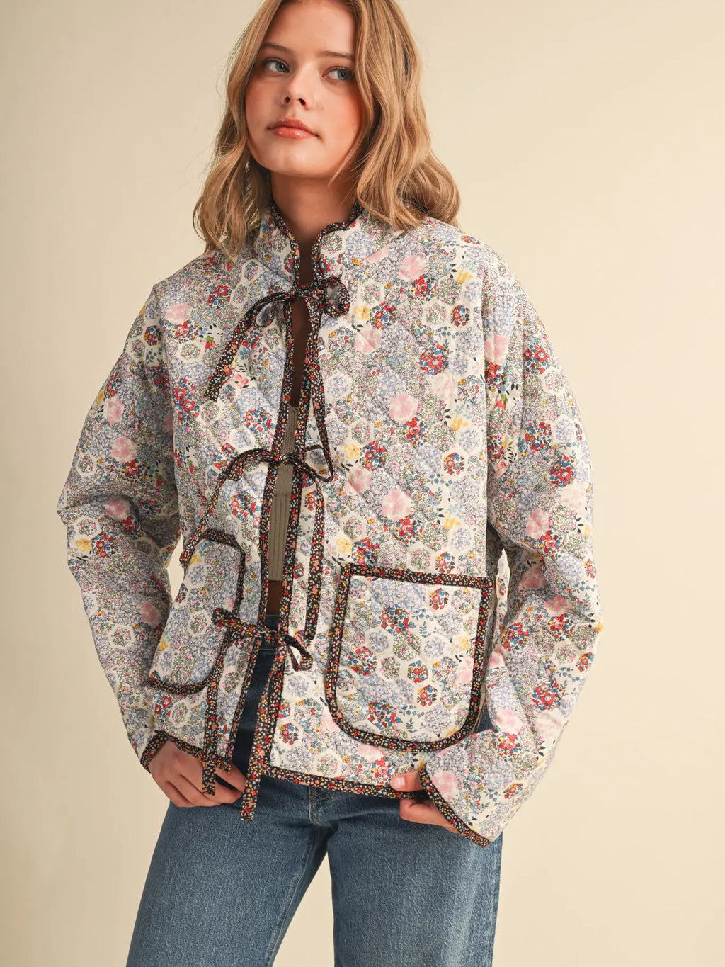 Cream Garden Tie-Front Jacket