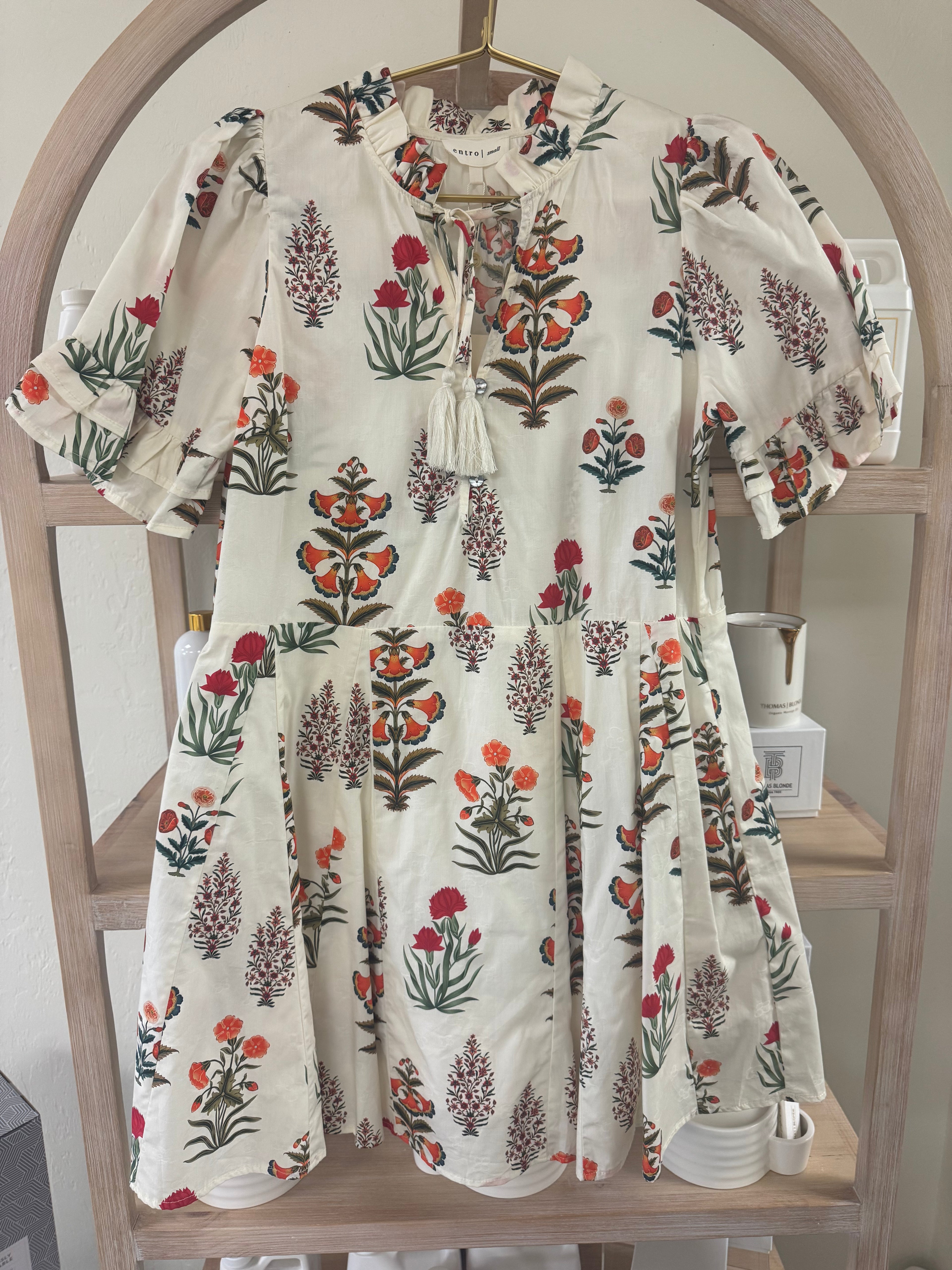 Ruffle Sleeve Cream Floral Tassel Tie Dress