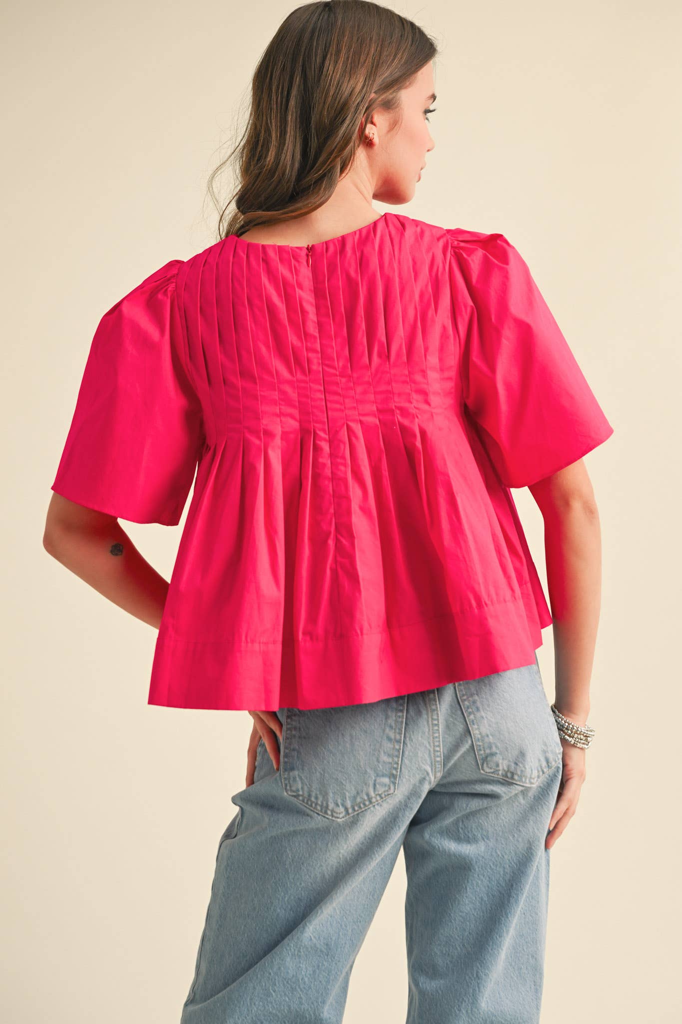 PLEATED SHORT SLEEVE TOP CERISE PINK