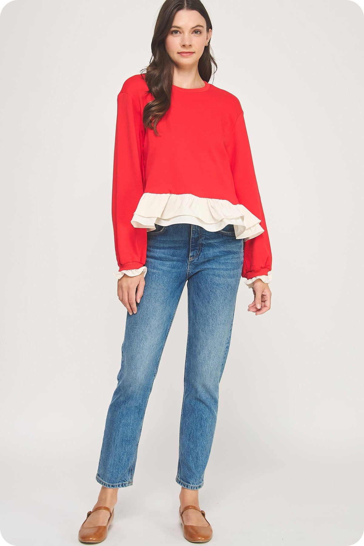 Contrast Ruffle Hem Crewneck Sweatshirt
