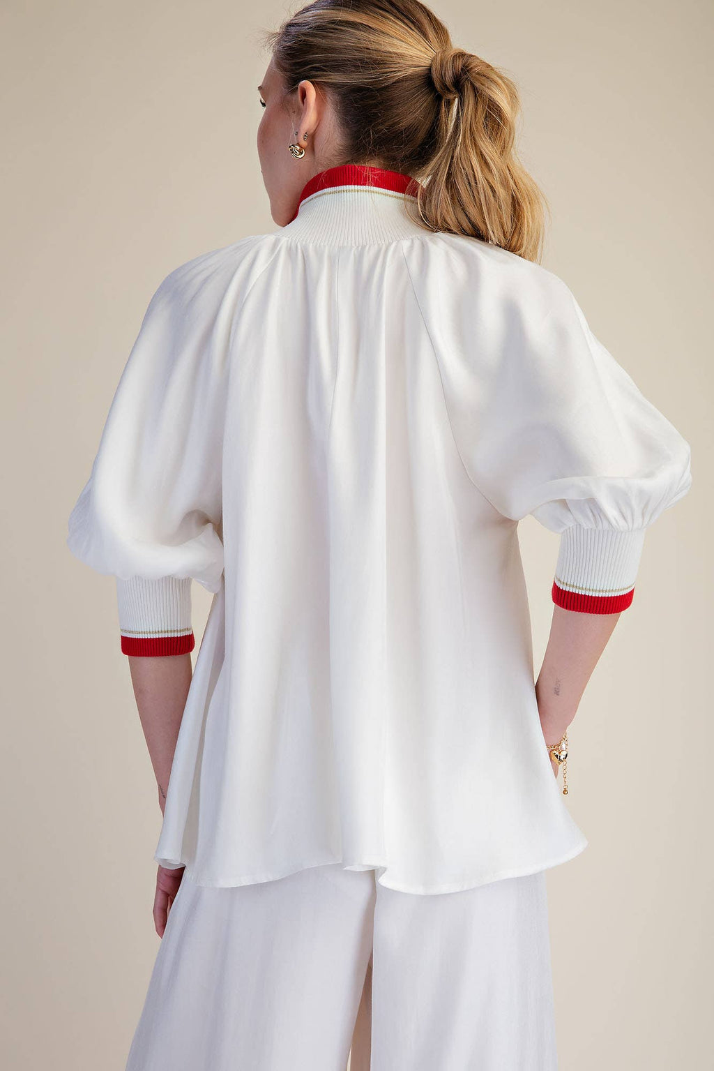 Navy Mock Neck Band Puff Sleeve Blouse
