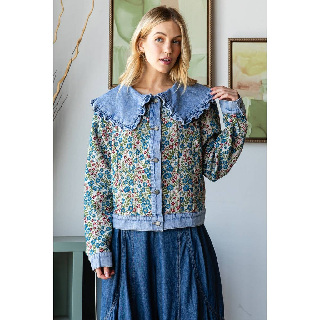 Vintage Jacquard Ruffle collar Denim Jacket