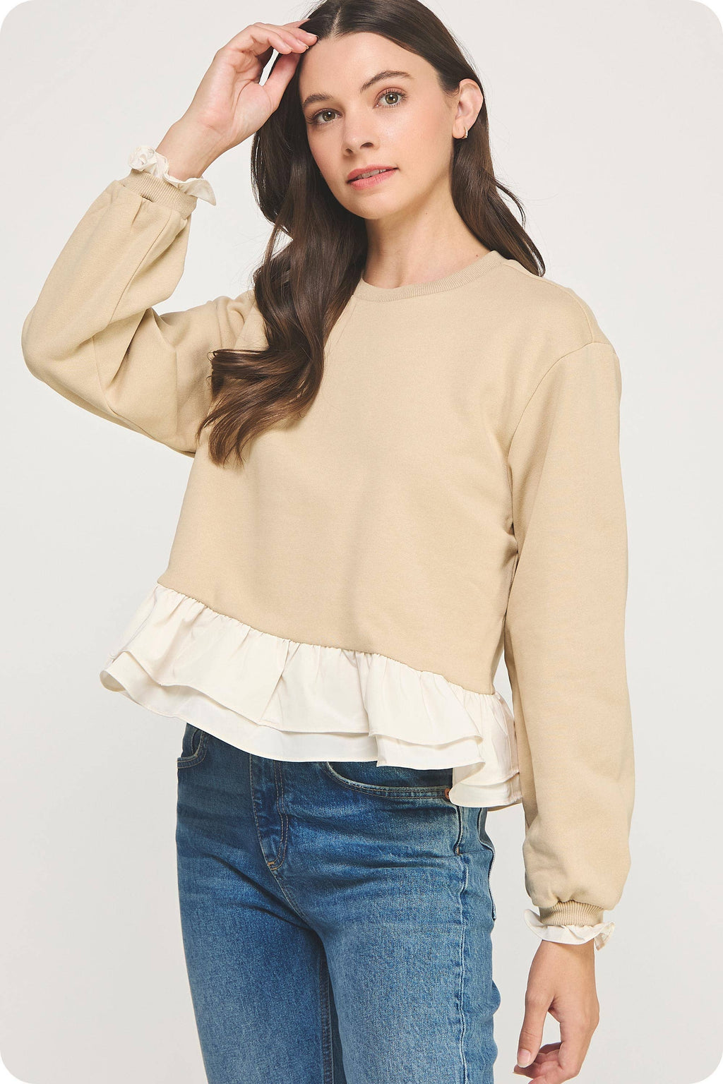 Contrast Ruffle Hem Crewneck Sweatshirt