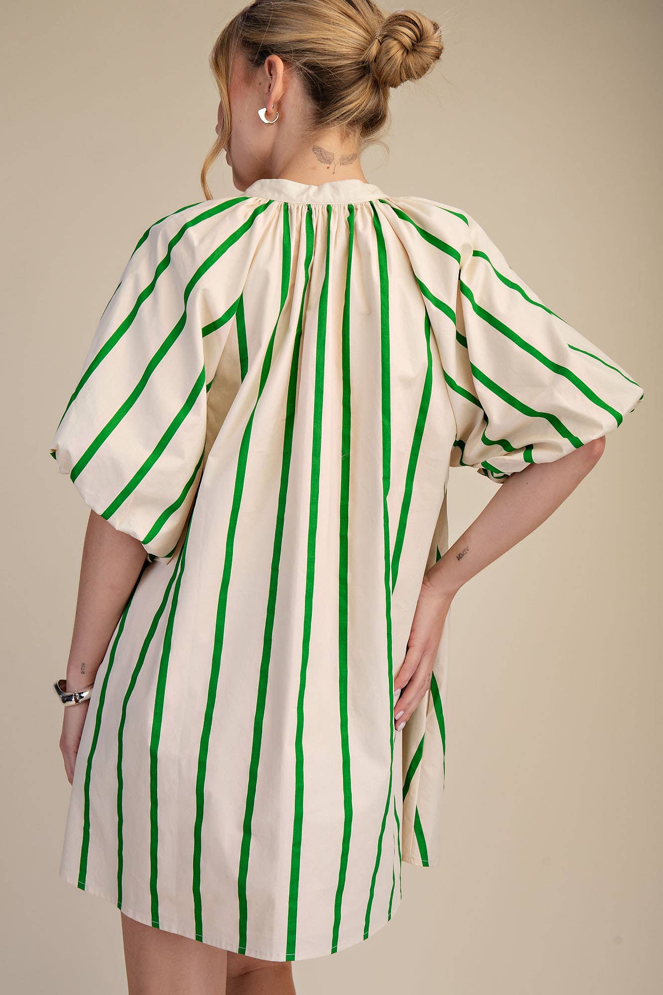 Puff-Sleeve Green Stripe Mini Shift Dress
