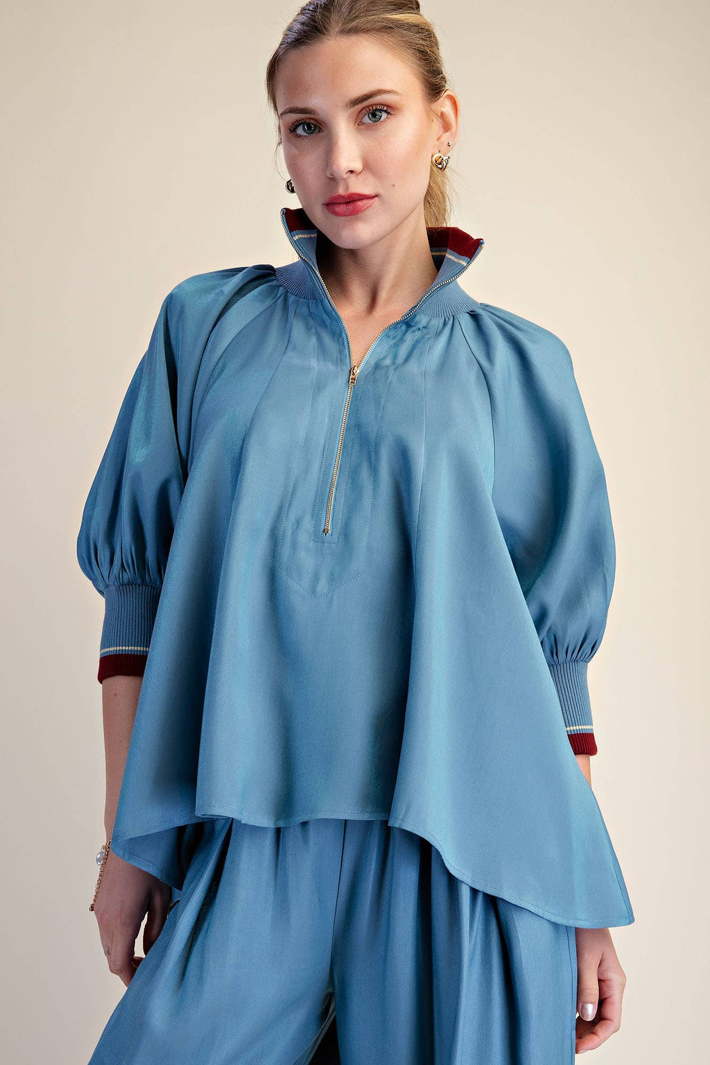Navy Mock Neck Band Puff Sleeve Blouse