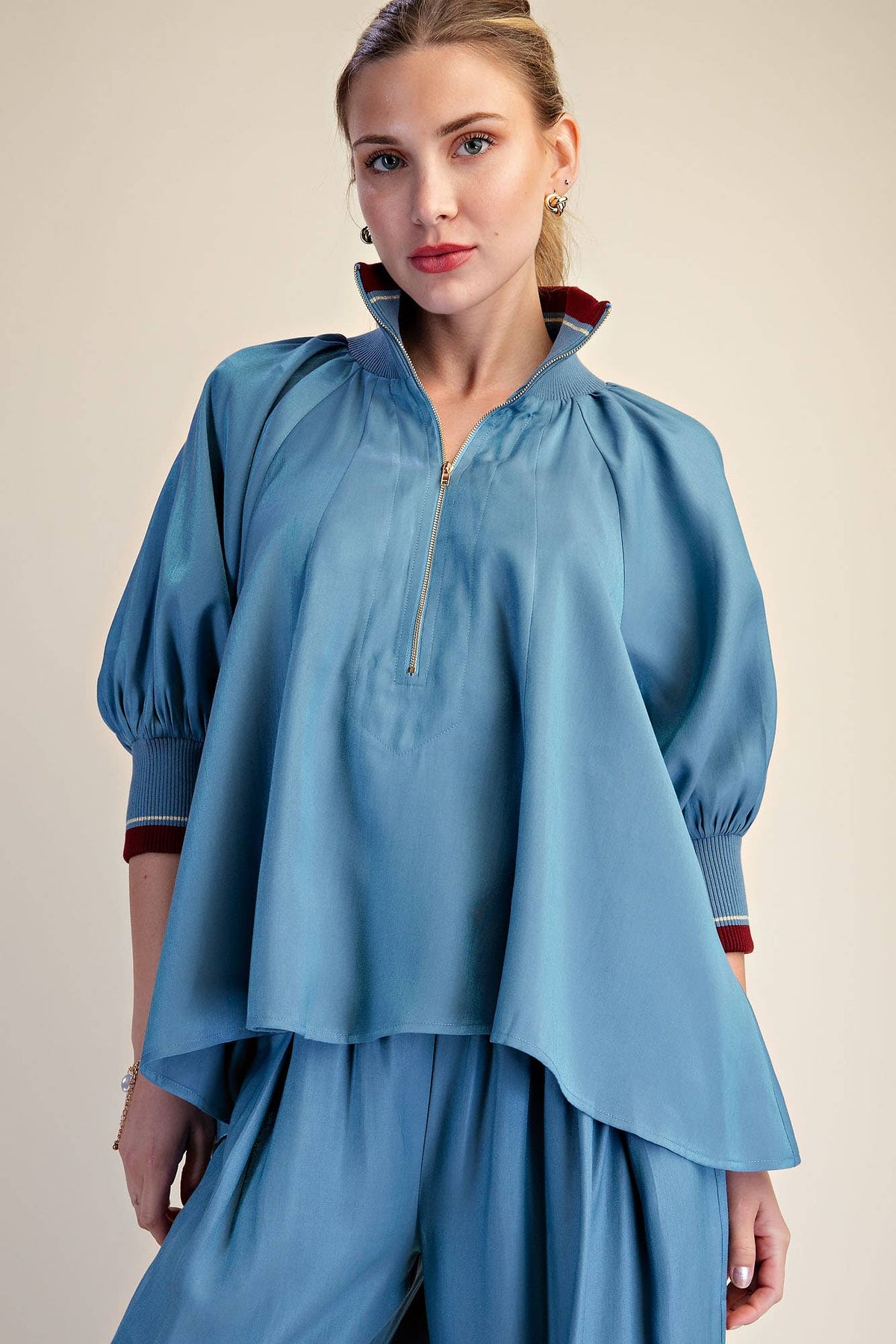Navy Mock Neck Band Puff Sleeve Blouse