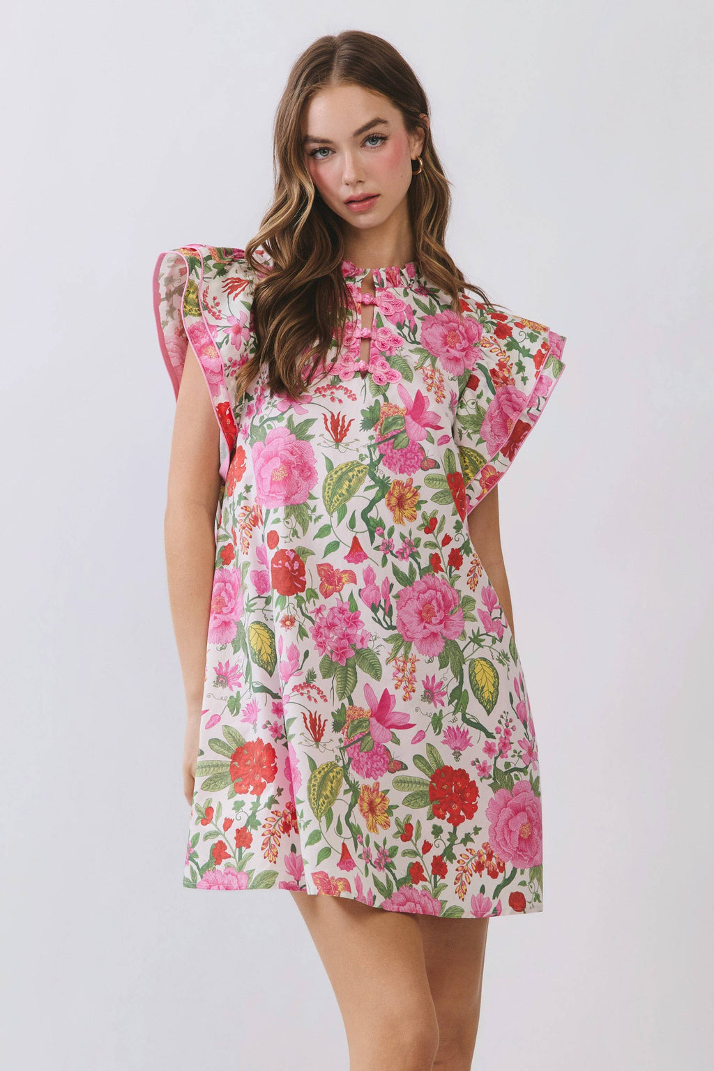 Pink Floral Loop Button Detail Ruffle Sleeve Mini Dress