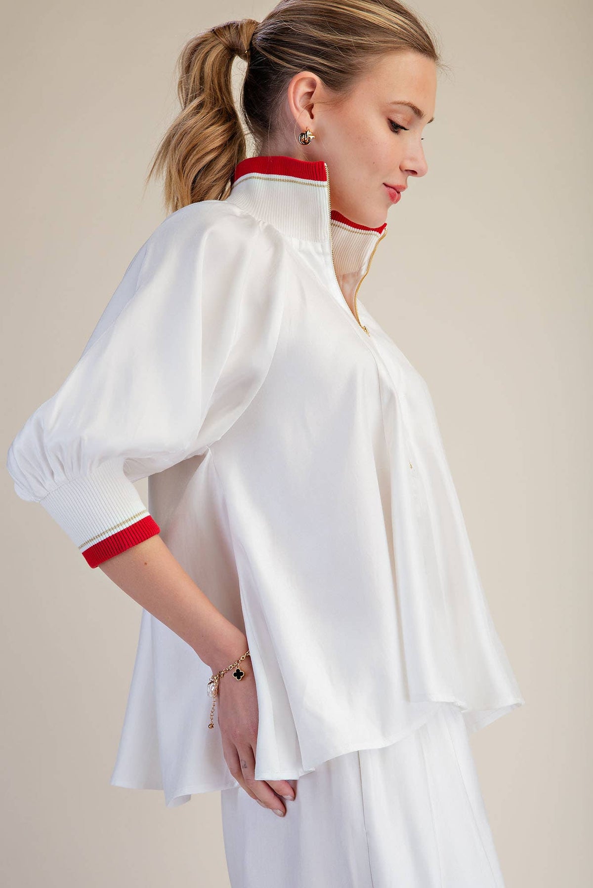 Navy Mock Neck Band Puff Sleeve Blouse