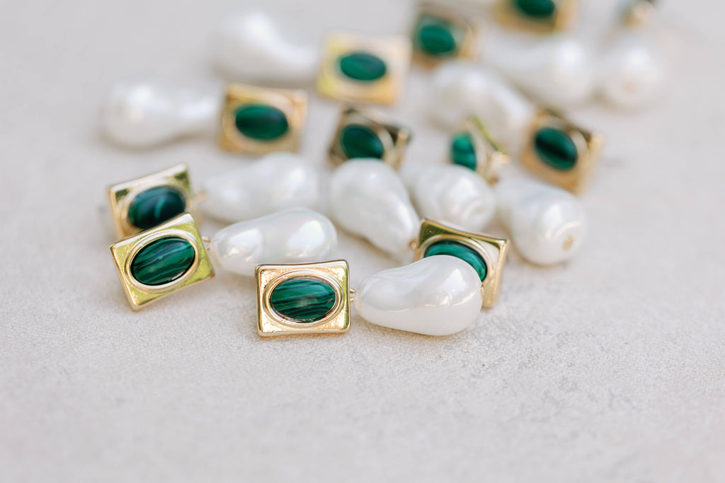 Vintage Square Malachite and Natural Pearl Drop Earrings