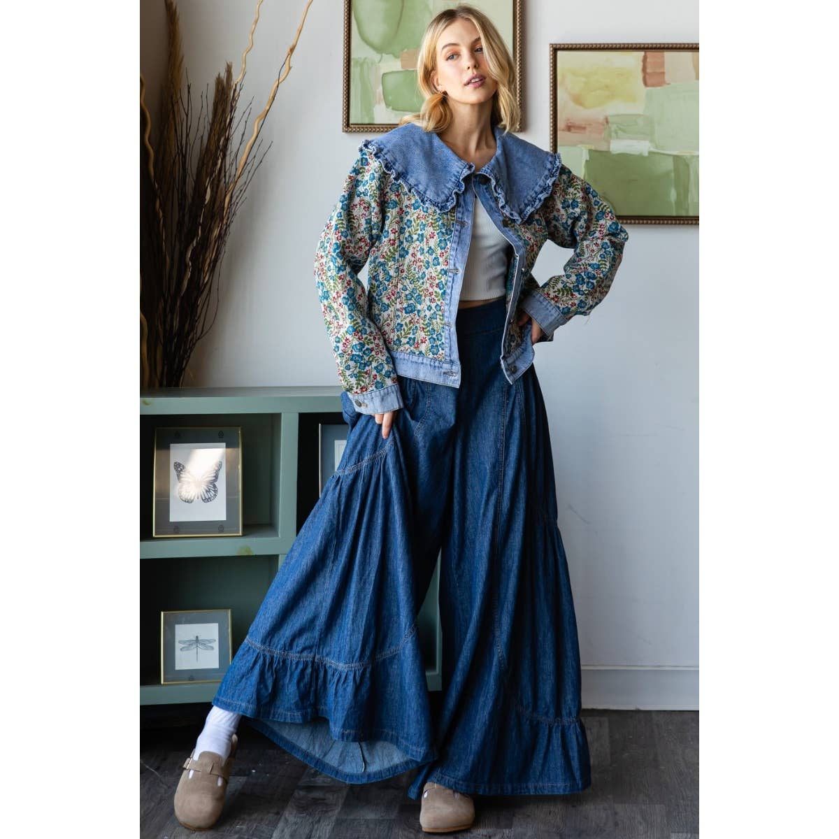 Vintage Jacquard Ruffle collar Denim Jacket